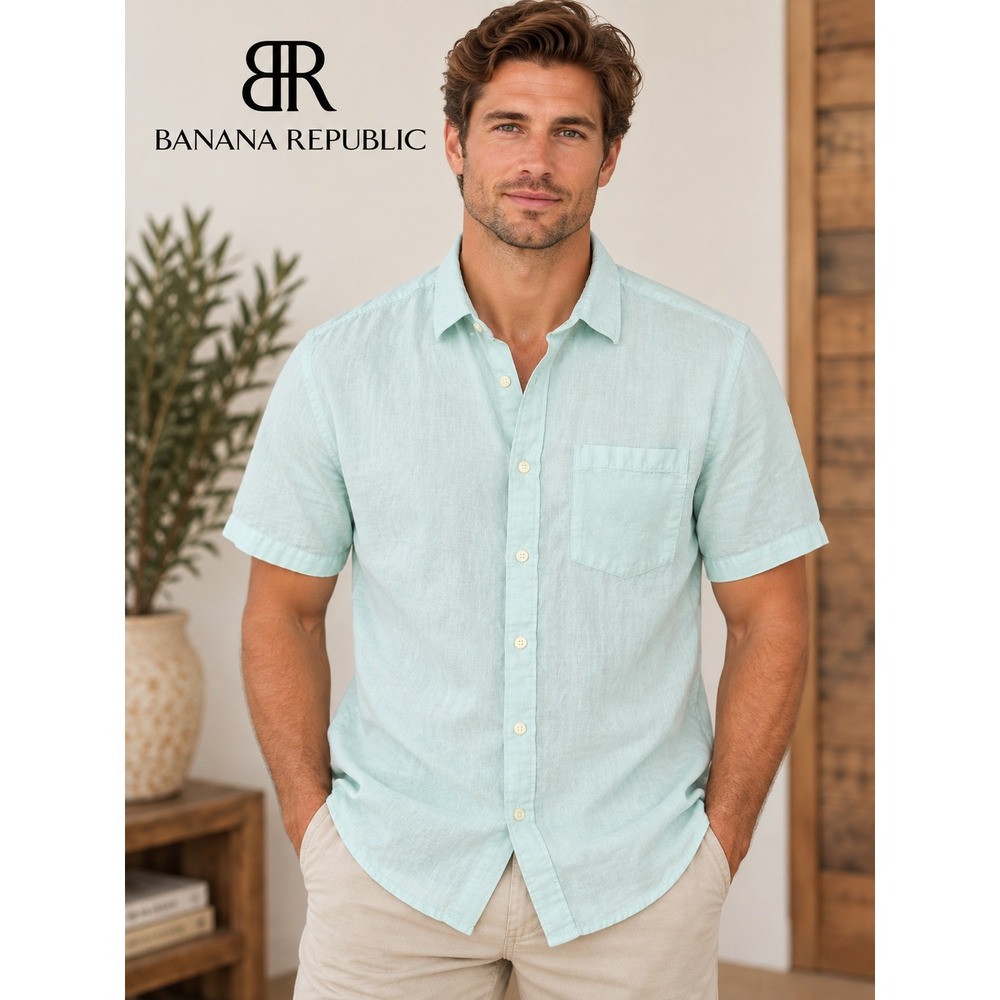 Banana Republic Mens Linen Cotton Slim Fit Short Sleeve Shirt Mint Green Size M